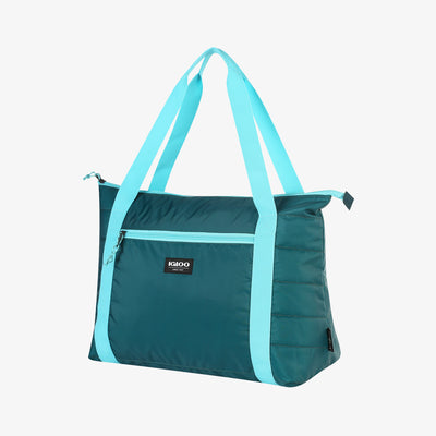 Angle View | Packable Puffer 20-Can Cooler Bag::Teal::Made from recycled water bottles