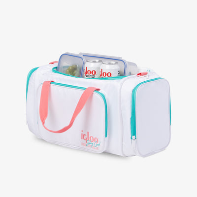 Angle View | Retro Duffel Bag Cooler::White::Large main compartment