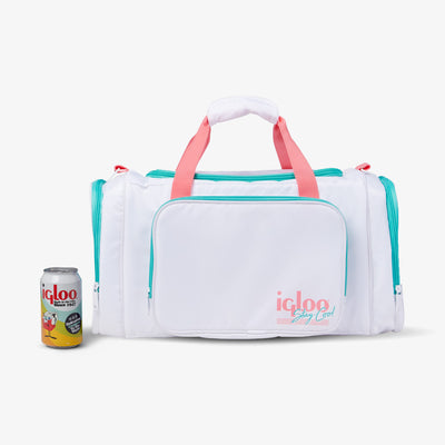 Size View | Retro Duffel Bag Cooler::White::Holds up to 24 cans