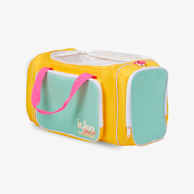 Angle View | Retro Duffel Bag Cooler::Yellow::Lightweight insulated liner