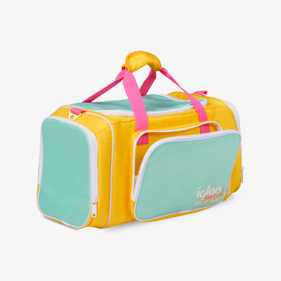 Angle View | Retro Duffel Bag Cooler::Yellow::Holds up to 24 cans