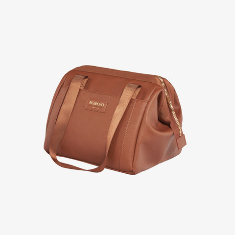 Angle View | Igloo Luxe® Lunch Tote Cooler Bag::Cognac::Exterior pocket