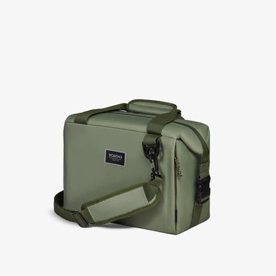 Angle View | South Coast Snapdown 14-Can Bag::Oil Green::Exterior zipper pocket