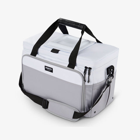Angle View | Seadrift Coast Cooler 36-Can Bag::White/Gray::Rubberized top handles