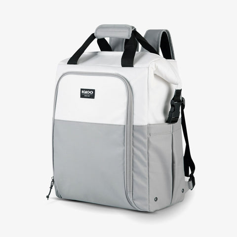 Angle View | Seadrift Switch 30-Can Backpack::White/Gray::Front storage pocket