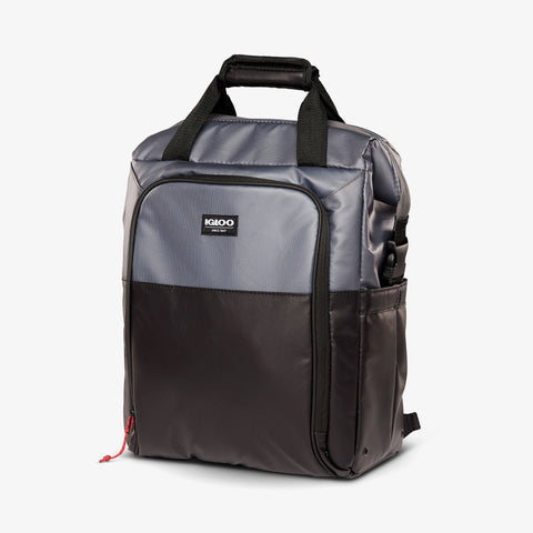 Angle View | Seadrift Switch 30-Can Backpack::Gray/Black::Front storage pocket
