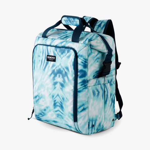 Angle View | Seadrift Switch 30-Can Backpack::Tie-Dye::Front storage pocket
