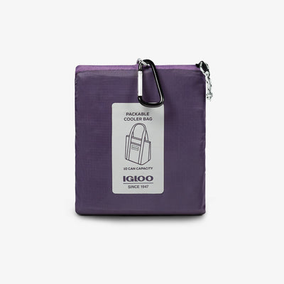 Packed View | Packable Puffer 10-Can Cooler Bag::Eggplant::Packs into front zip pocket