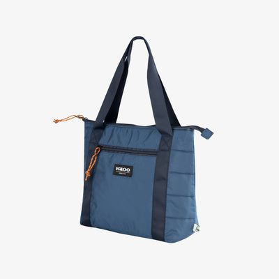 Angle View | Packable Puffer 10-Can Cooler Bag::Denim::Made from recycled water bottles