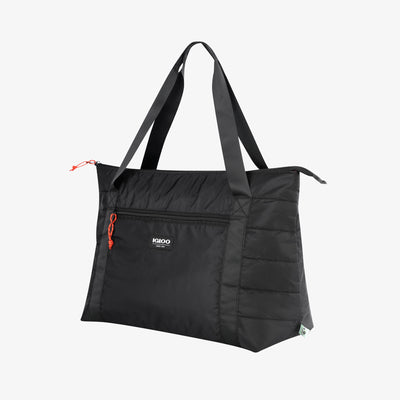 Angle View | Packable Puffer 20-Can Cooler Bag::Black::Made from recycled water bottles