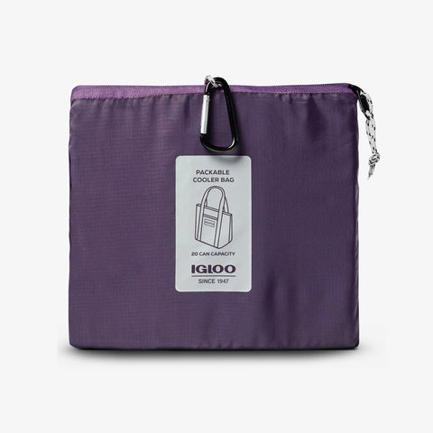 Packed View | Packable Puffer 20-Can Cooler Bag::Eggplant::Packs into front zip pocket