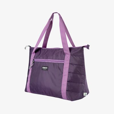Angle View | Packable Puffer 20-Can Cooler Bag::Eggplant::Made from recycled water bottles