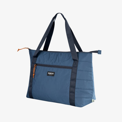 Angle View | Packable Puffer 20-Can Cooler Bag::Denim::Made from recycled water bottles