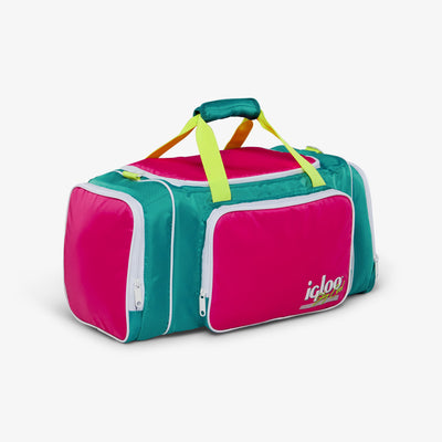 Angle View | Retro Duffel Bag Cooler::Jade::Large main compartment
