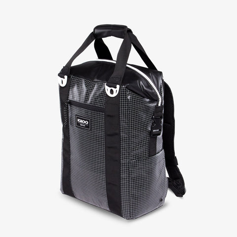 Angle View | Outdoor Pro Snapdown 42-Can Backpack::Black/White