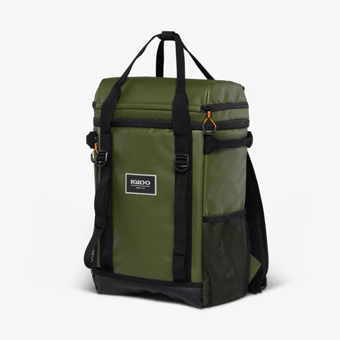 Angle View | Pursuit 24-Can Backpack::Chive::Double zipper lid