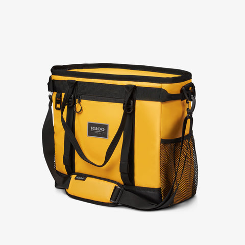 Angle View | Pursuit 30-Can Tote::Yellow::Lined front zipper pocket