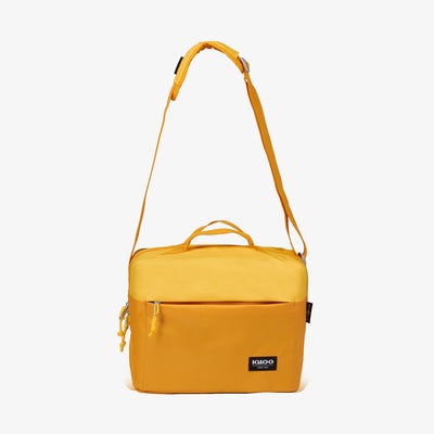 Strap Up View | FUNdamentals Cube Cooler Bag::Autumn Blaze/Spectra Yellow::Adjustable crossbody strap