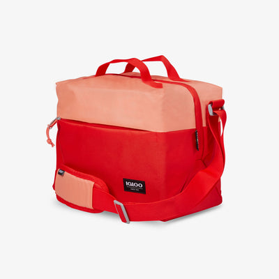 Angle View | FUNdamentals Cube Cooler Bag::Fresh Salmon/Fiesta::Large front zipper pocket