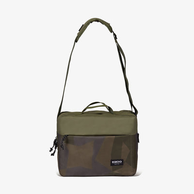 Strap Up View | FUNdamentals Cube Cooler Bag::Swedish Camo::Adjustable crossbody strap