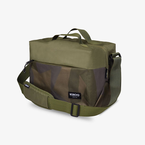 Angle View | FUNdamentals Cube Cooler Bag::Swedish Camo::Large front zipper pocket