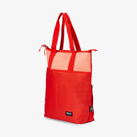 Angle View | FUNdamentals Tote Cooler Backpack::Fresh Salmon/Fiesta::Versatile carrying capabilities
