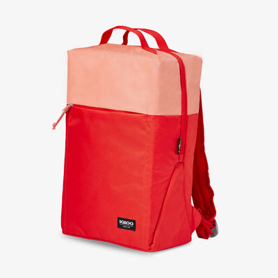 Angle View | FUNdamentals Lotus Cooler Backpack::Fresh Salmon/Fiesta::Large front zipper pocket