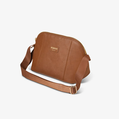 Angle View | Igloo Luxe Crossbody Cooler Bag::Cognac::Vegan leather exterior