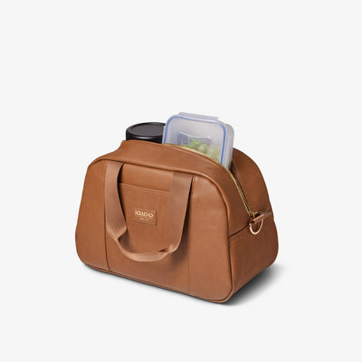 Packed View | Igloo Luxe Satchel Cooler Bag::Cognac::Insulated lining
