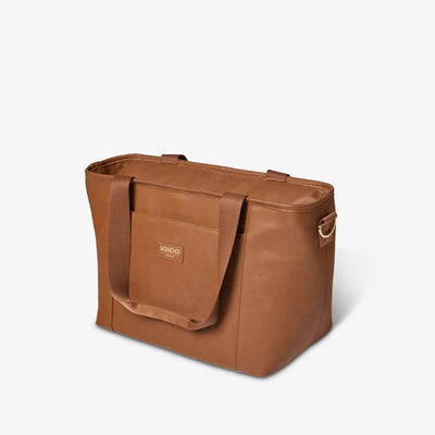 Angle View | Igloo Luxe Tote Cooler Bag::Cognac::Vegan leather exterior