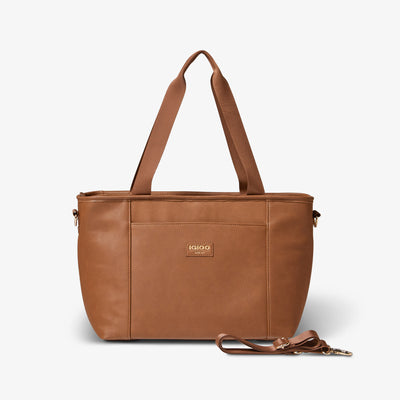 Straps View | Igloo Luxe Tote Cooler Bag::Cognac::Adjustable shoulder strap