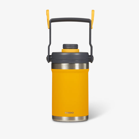 Handle View | Half Gallon Stainless Steel Sports Jug::Yellow::Sturdy handle with fence hooks
